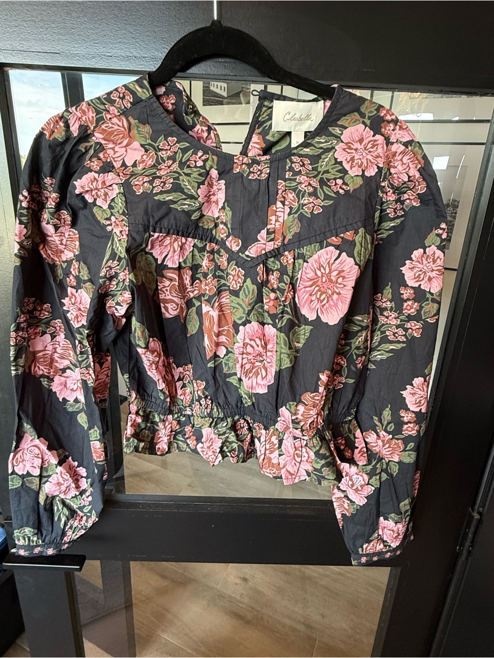 Cleobella Black Blouse with Pink Floral Print